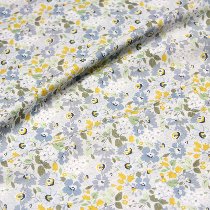 Tissu popeline coton fleuri jaune & bleu - COLLECTION HONORINE - OEKO-TEX