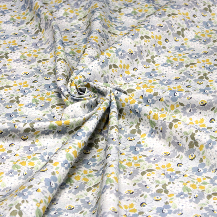 Tissu popeline coton fleuri jaune & bleu - COLLECTION HONORINE - OEKO-TEX