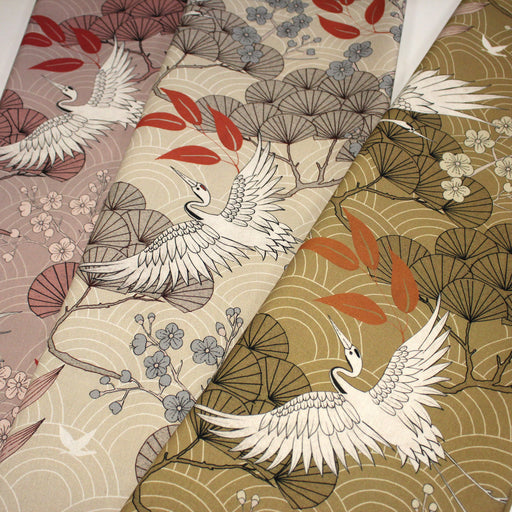 Tissu coton demi - natté GRUES JAPONAISES, trois teintes : écru, rose, ocre - OEKO - TEX STANDARD 100 - TissusPapi.com