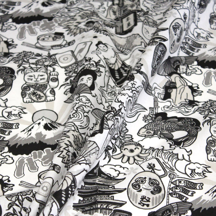 Tissu de coton aux illustrations japonaises, tons noirs & blancs - OEKO-TEX®