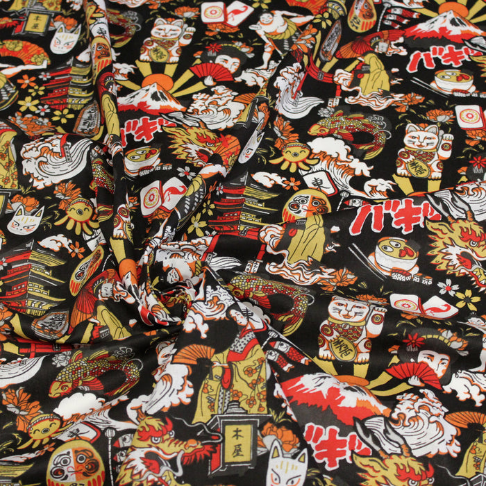 Tissu de coton aux illustrations japonaises, tons noirs et oranges - OEKO-TEX