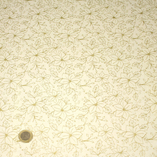Tissu coton NOËL écru aux feuilles de houx et fleurs dorées - OEKO - TEX - TissusPapi.com