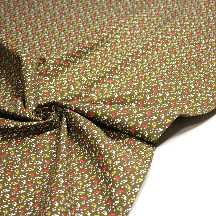 Tissu cotonnade aux fines fleurs & pois, fond vert kaki - OEKO - TEX - TissusPapi.com