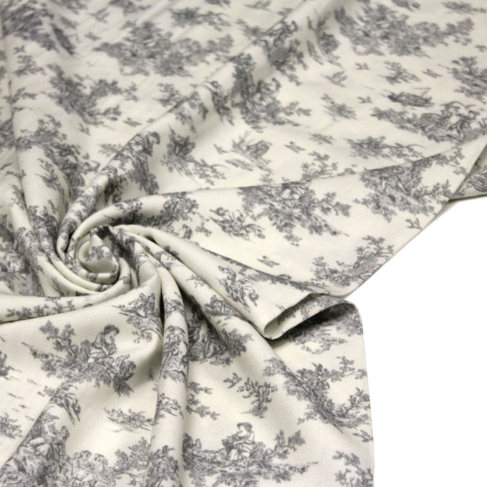 Tissu Viscose fluide motif toile de Jouy grise - COLLECTION POMPADOUR - OEKO - TEX - TissusPapi.com