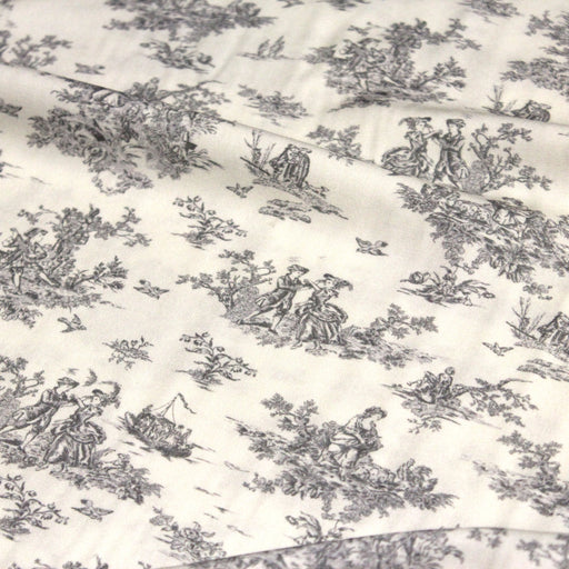 Tissu Viscose fluide motif toile de Jouy grise - COLLECTION POMPADOUR - OEKO - TEX - TissusPapi.com