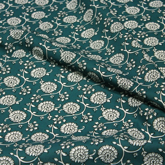 Tissu cotonnade motif fleuri indien vert paon, noir et blanc - COLLECTION KALAMKARI