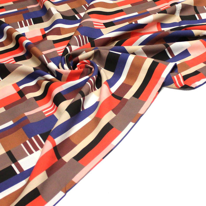 Tissu Viscose fluide WINA aux motifs géométriques rectangles bleus, oranges, marrons et écrus - OEKO - TEX STANDARD 100 - TissusPapi.com