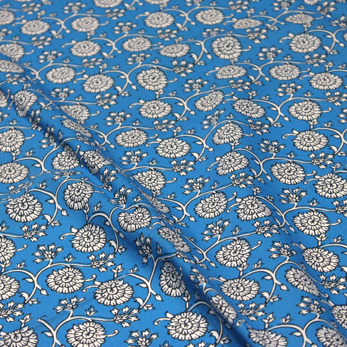 Tissu cotonnade motif fleuri indien bleu turquoise, noir et blanc - COLLECTION KALAMKARI