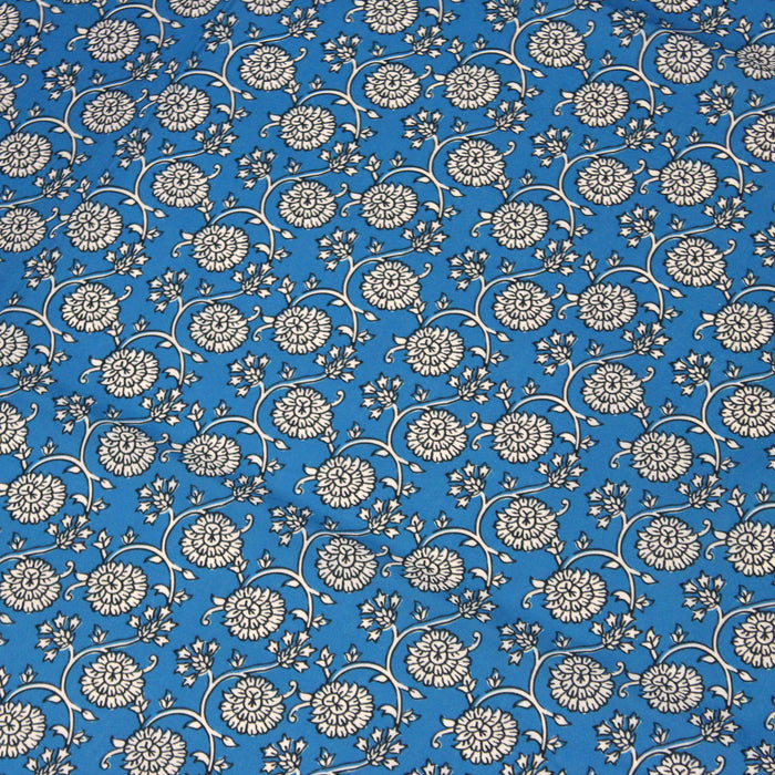 Tissu cotonnade motif fleuri indien bleu turquoise, noir et blanc - COLLECTION KALAMKARI