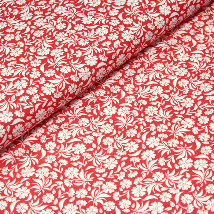Tissu de coton fleuri, rouge aux fleurs blanches - OEKO-TEX