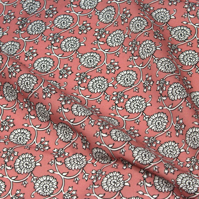 Tissu cotonnade motif fleuri indien rose, noir et blanc - COLLECTION KALAMKARI