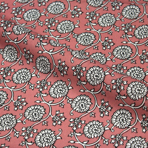Tissu cotonnade motif fleuri indien rose, noir et blanc - COLLECTION KALAMKARI - TissusPapi.com