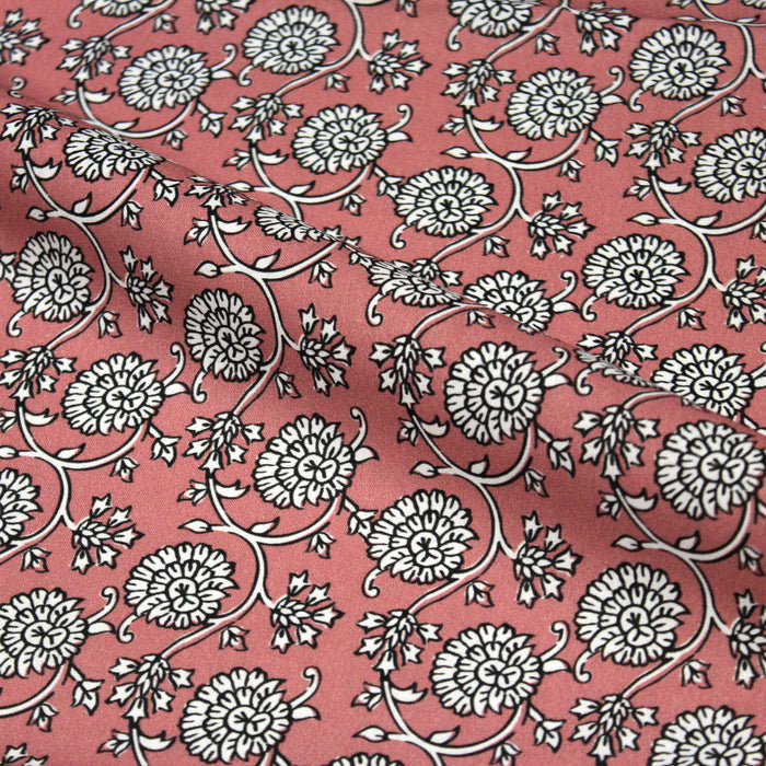 Tissu cotonnade motif fleuri indien rose, noir et blanc - COLLECTION KALAMKARI - TissusPapi.com