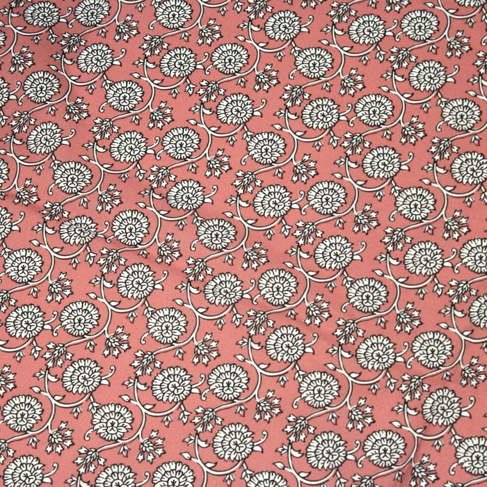 Tissu cotonnade motif fleuri indien rose, noir et blanc - COLLECTION KALAMKARI