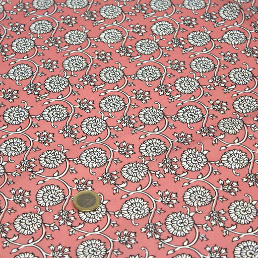 Tissu cotonnade motif fleuri indien rose, noir et blanc - COLLECTION KALAMKARI - TissusPapi.com