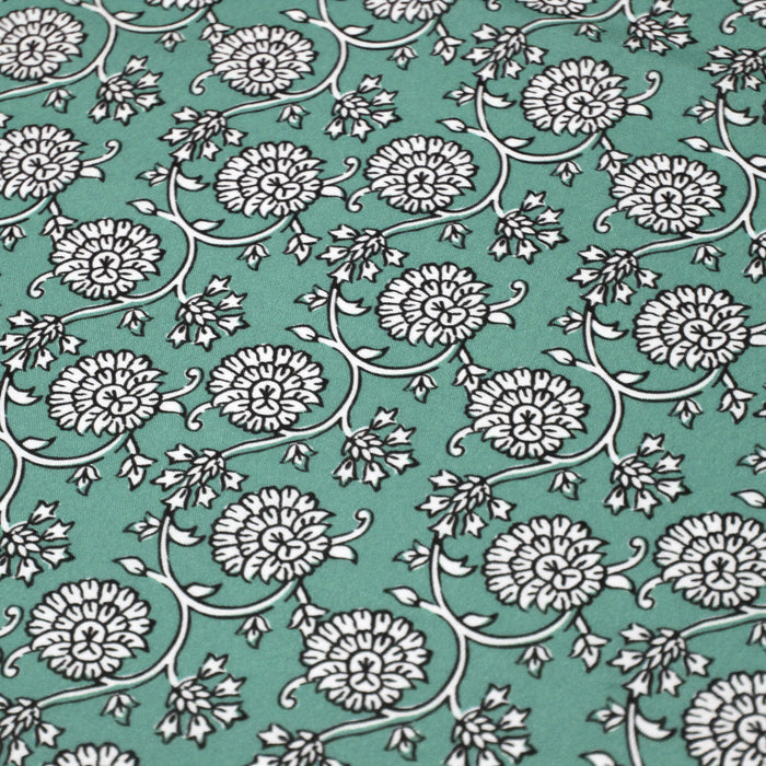 Tissu cotonnade motif fleuri indien vert menthe, noir et blanc - COLLECTION KALAMKARI