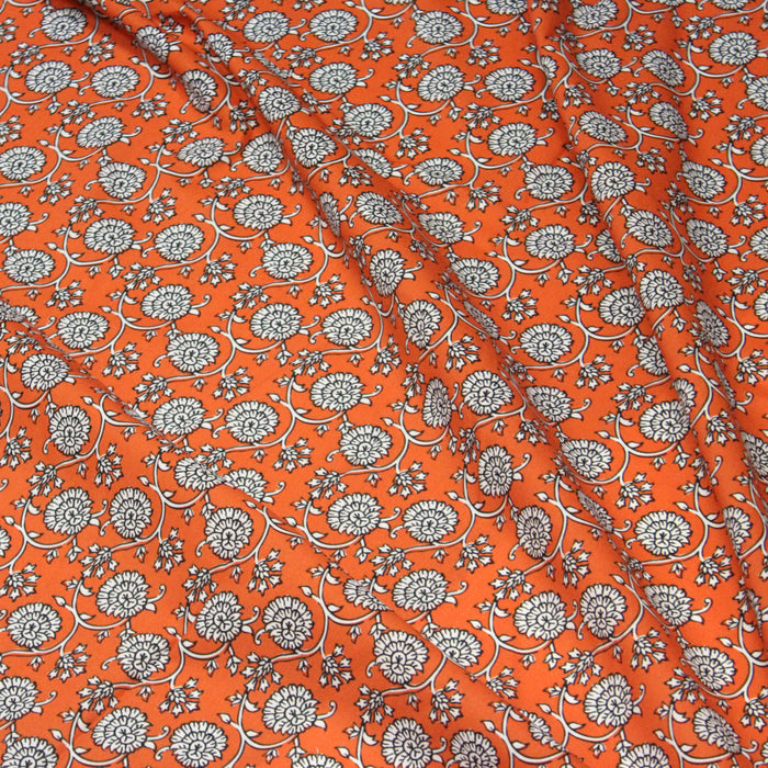 Tissu cotonnade motif fleuri indien orange, noir et blanc - COLLECTION KALAMKARI