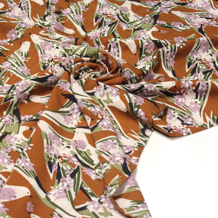 Tissu Viscose fluide OIZEA rouille aux oiseaux et fleurs parme - OEKO - TEX STANDARD 100 - TissusPapi.com