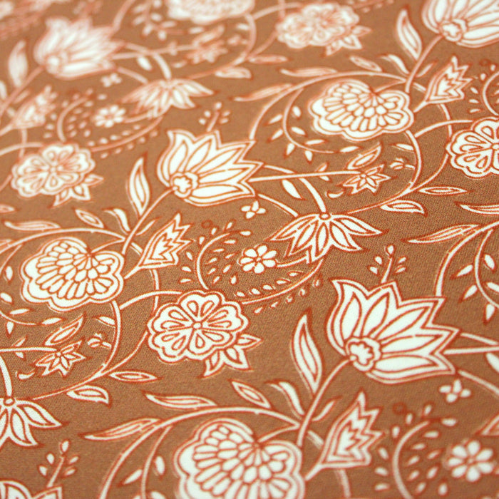 Tissu cotonnade motif fleuri indien rouge et blanc, fond caramel - COLLECTION KALAMKARI