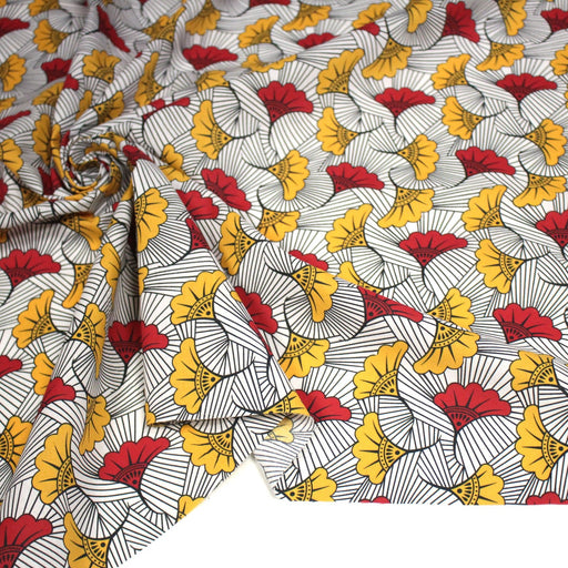 Tissu cotonnade motif WAX floral, fleurs rouges et jaunes - OEKO - TEX STANDARD 100 - TissusPapi.com
