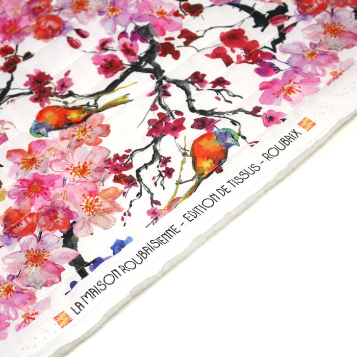 Tissu matelassé motif jardin japonais GUNMA oiseaux et fleurs de cerisier - OEKO - TEX - TissusPapi.com