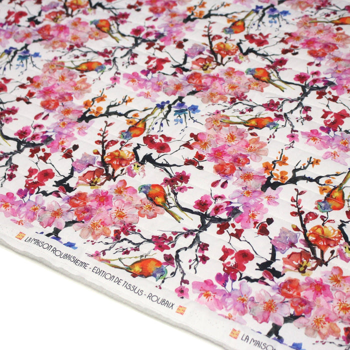 Tissu matelassé motif jardin japonais GUNMA oiseaux et fleurs de cerisier - OEKO - TEX - TissusPapi.com