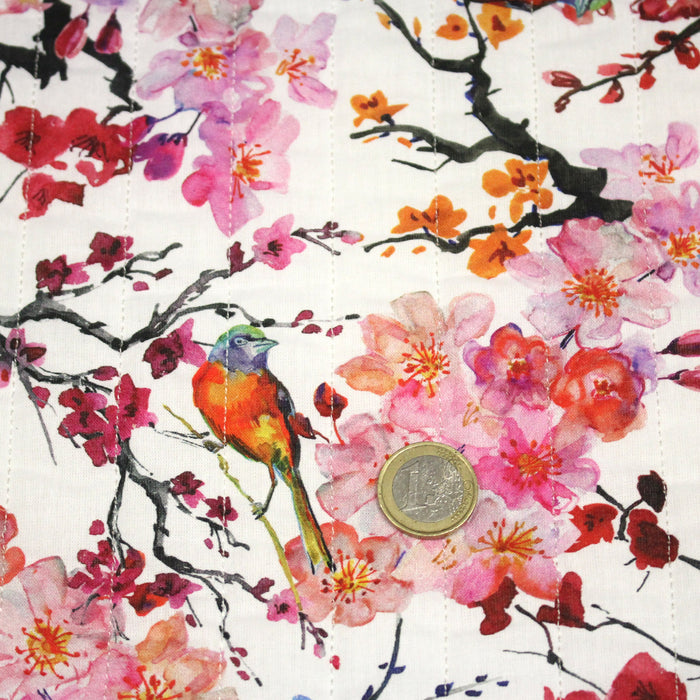 Tissu matelassé motif jardin japonais GUNMA oiseaux et fleurs de cerisier - OEKO - TEX - TissusPapi.com