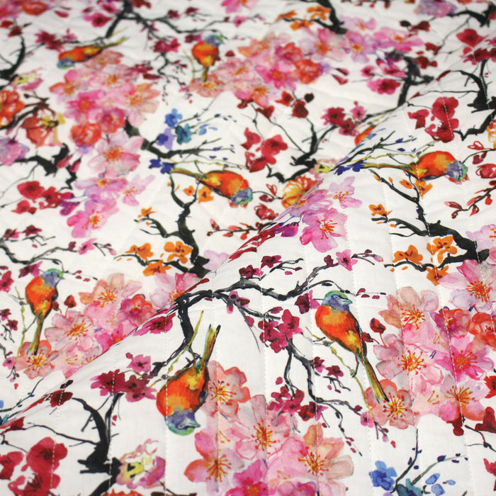 Tissu matelassé motif jardin japonais GUNMA oiseaux et fleurs de cerisier - OEKO - TEX - TissusPapi.com