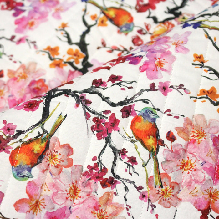 Tissu matelassé motif jardin japonais GUNMA oiseaux et fleurs de cerisier - OEKO - TEX - TissusPapi.com