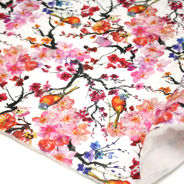 Tissu matelassé motif jardin japonais GUNMA oiseaux et fleurs de cerisier - OEKO - TEX - TissusPapi.com