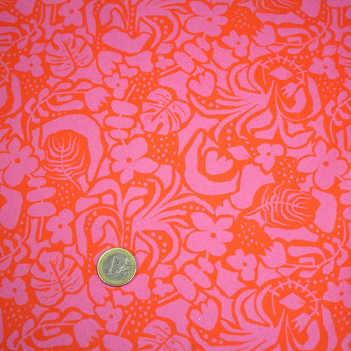 Tissu CEFALU gabardine coton imprimée fleuri, fuchsia & orange - OEKO - TEX STANDARD 100 - TissusPapi.com