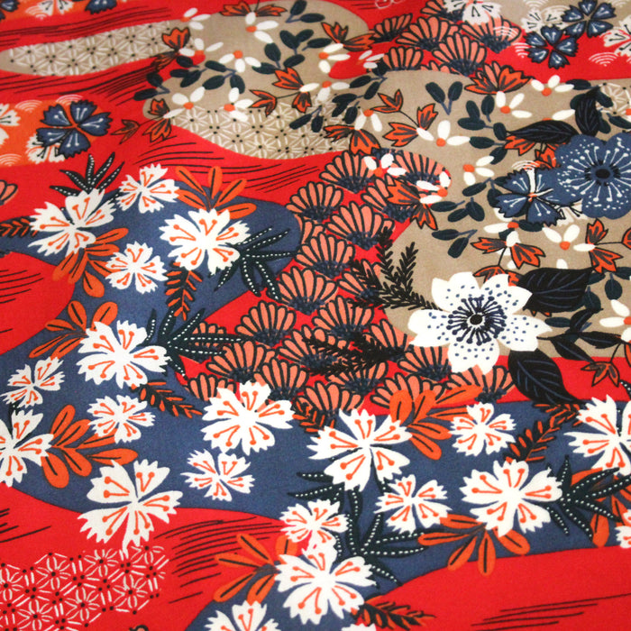 Tissu popeline de viscose motifs japonais aux tons rouges - Fabrication française - OEKO-TEX