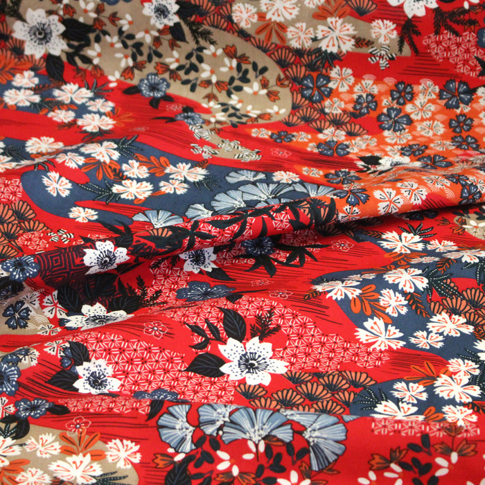 Tissu popeline de viscose motifs japonais aux tons rouges - Fabrication française - OEKO-TEX