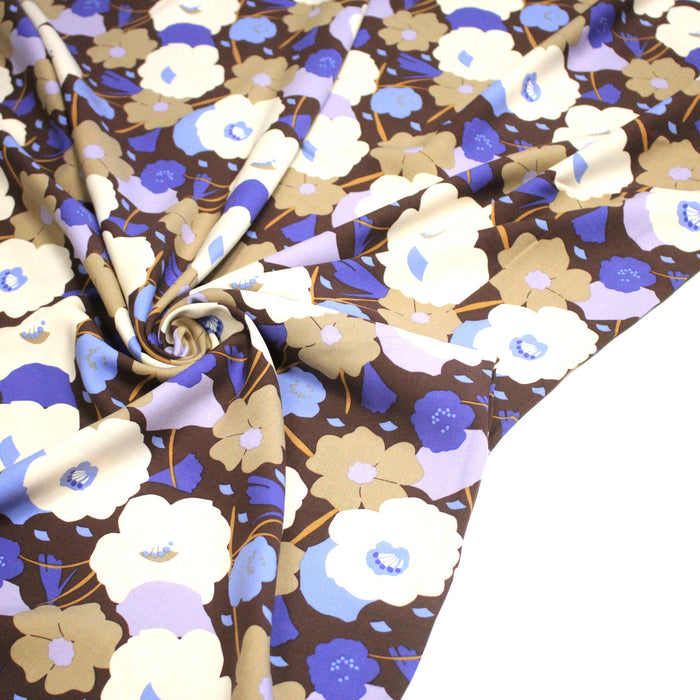Tissu Viscose fluide GEORGINA floral marron, écru et bleu - OEKO - TEX - TissusPapi.com