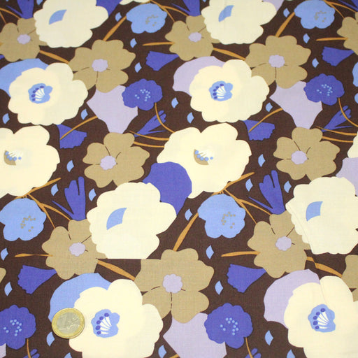 Tissu Viscose fluide GEORGINA floral marron, écru et bleu - OEKO - TEX - TissusPapi.com