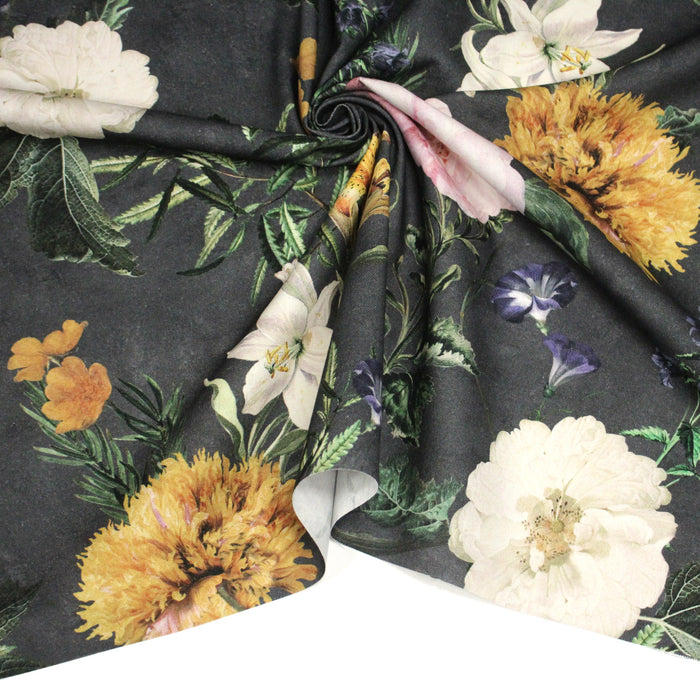 Tissu de coton demi - natté ROMANTISME aux grandes fleurs jaunes, roses et blanches - OEKO - TEX - TissusPapi.com