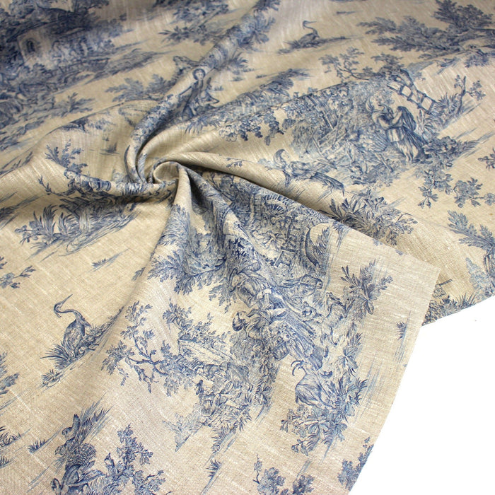 Tissu 100% lin toile de Jouy traditionnelle, motif bleu - OEKO - TEX - TissusPapi.com