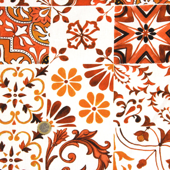 Tissu popeline de coton AZULEJOS aux carreaux de faïence orange terracotta & blanc - tissuspapi