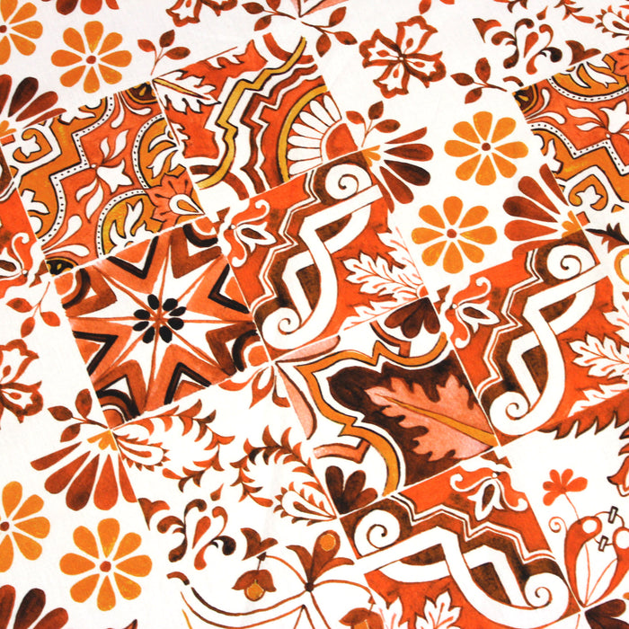 Tissu popeline de coton AZULEJOS aux carreaux de faïence orange terracotta & blanc - tissuspapi