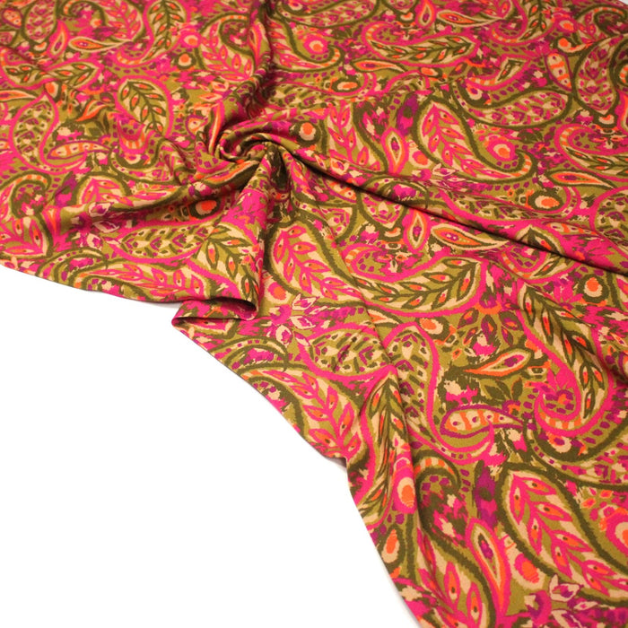 Tissu Viscose fluide KALAMKARI fleuri rose fuchsia et jaune bronze - OEKO - TEX - TissusPapi.com