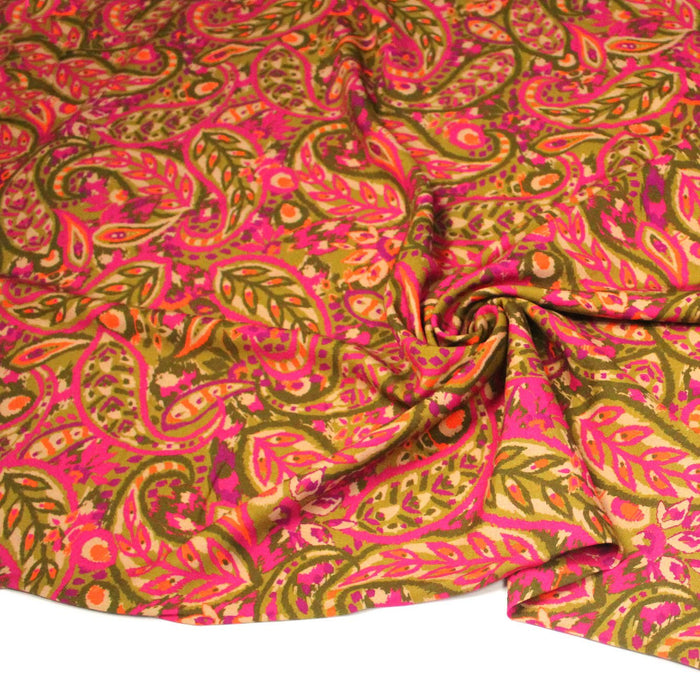 Tissu Viscose fluide KALAMKARI fleuri rose fuchsia et jaune bronze - OEKO - TEX - TissusPapi.com