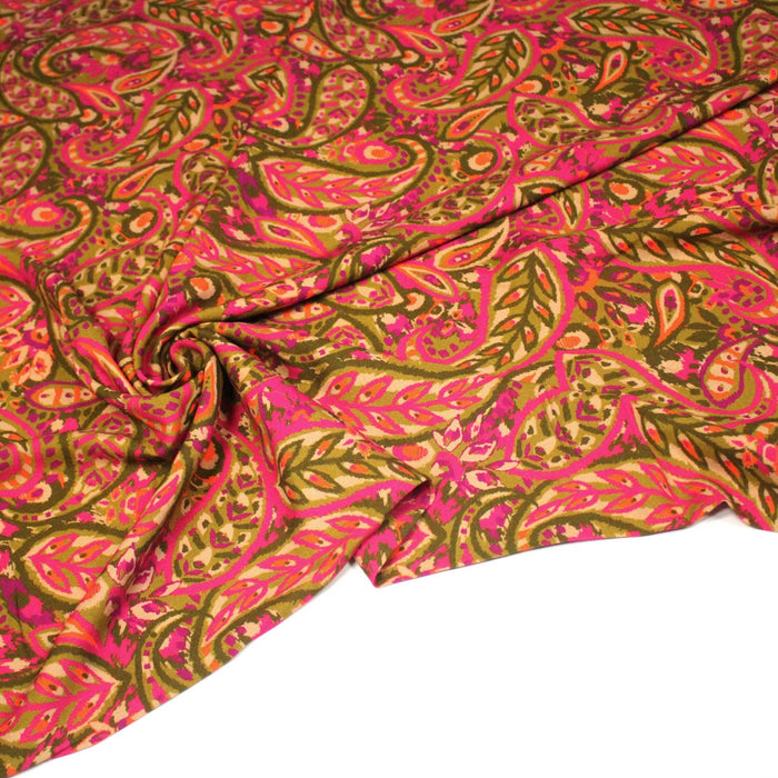 Tissu Viscose fluide KALAMKARI fleuri rose fuchsia et jaune bronze - OEKO - TEX - TissusPapi.com
