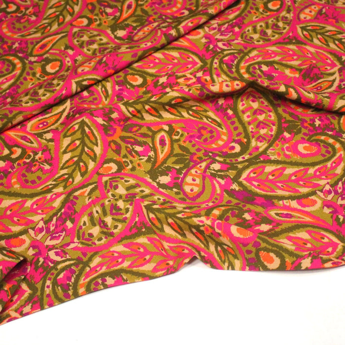 Tissu Viscose fluide KALAMKARI fleuri rose fuchsia et jaune bronze - OEKO - TEX - TissusPapi.com