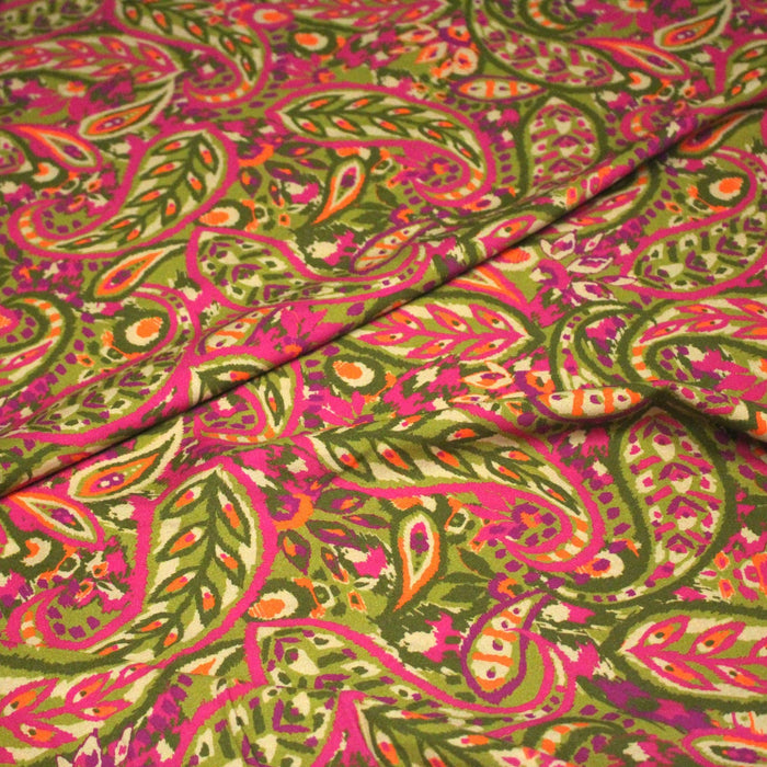 Tissu Viscose fluide KALAMKARI fleuri rose fuchsia et jaune bronze - OEKO - TEX - TissusPapi.com