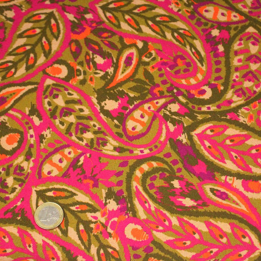 Tissu Viscose fluide KALAMKARI fleuri rose fuchsia et jaune bronze - OEKO - TEX - TissusPapi.com