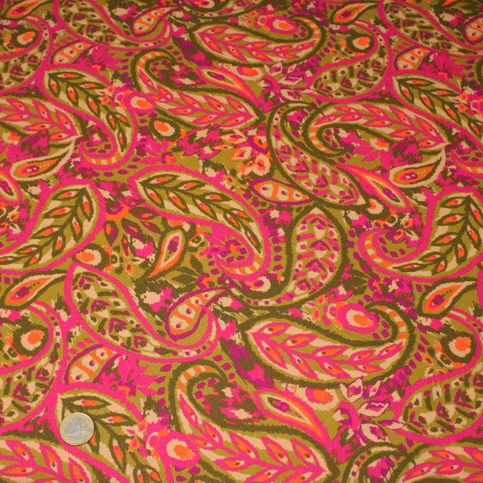 Tissu Viscose fluide KALAMKARI fleuri rose fuchsia et jaune bronze - OEKO - TEX - TissusPapi.com