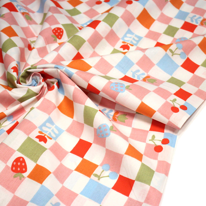 Tissu cotonnade CIRAFINE, fleurs & cerises, carreaux roses, bleus, verts - OEKO - TEX - TissusPapi.com
