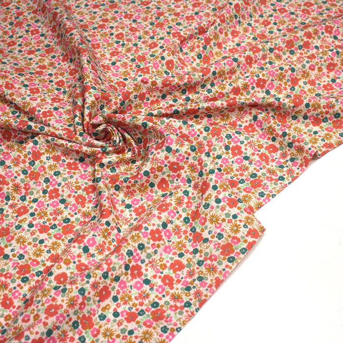Tissu popeline de coton ocre aux fines fleurs roses & vertes - OEKO - TEX - TissusPapi.com