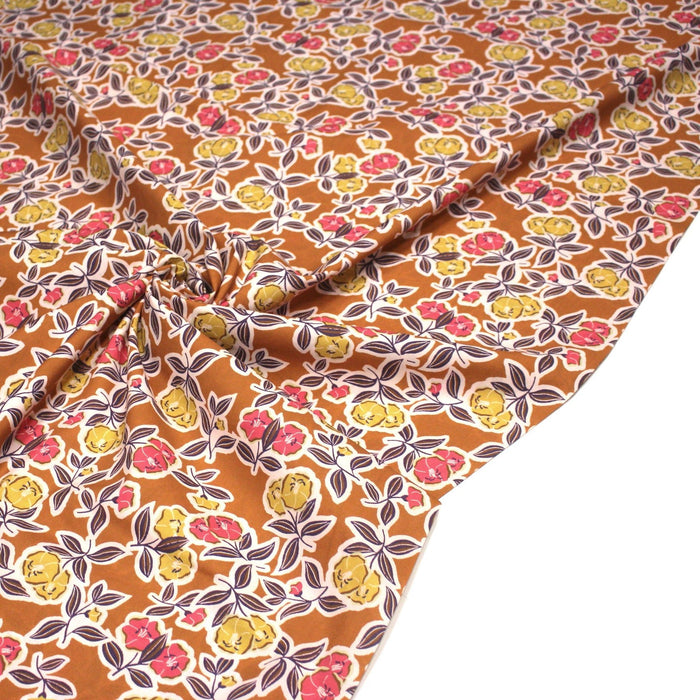 Tissu popeline de coton ocre aux fleurs jaunes & rose FANOU - OEKO - TEX - TissusPapi.com
