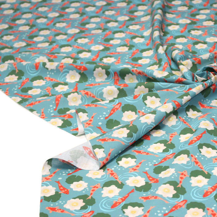 Tissu cotonnade motif japonais KOï aux poissons carpes koï & nénuphars, fond bleu d'eau - OEKO - TEX - TissusPapi.com